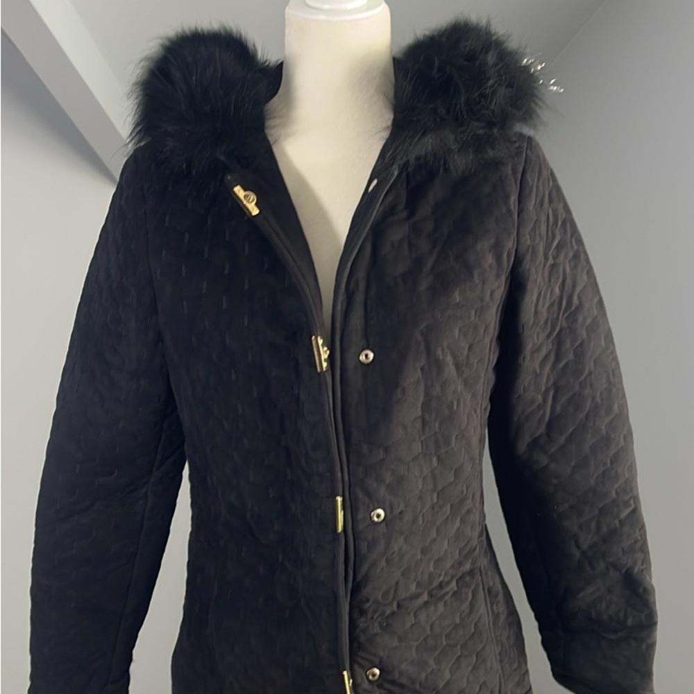 Liz Claiborne Black Quilted Jacket with Faux Fur Hood